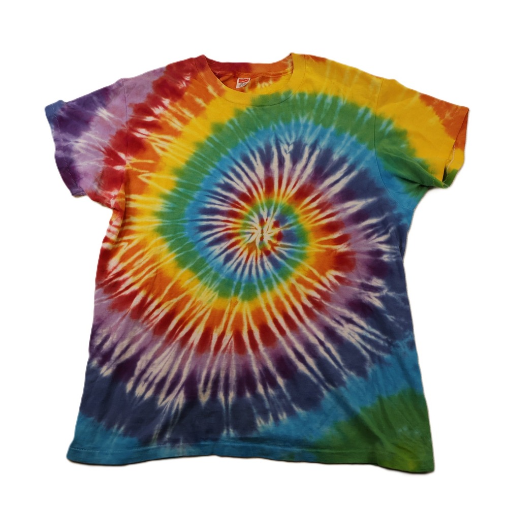 Hanes Mens XL T-Shirt Rainbow Spiral Tie Dye Single Stitch Made in USA Cotton